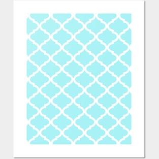 Aqua Light Blue White Quatrefoil Pattern Posters and Art